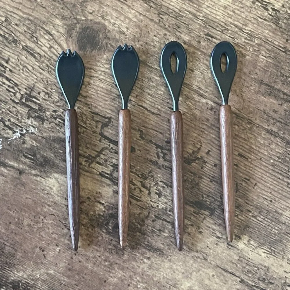 Vintage MCM Danish Teak Wood Handle Cocktail Sauce Relish Spoon Fork Set of 4